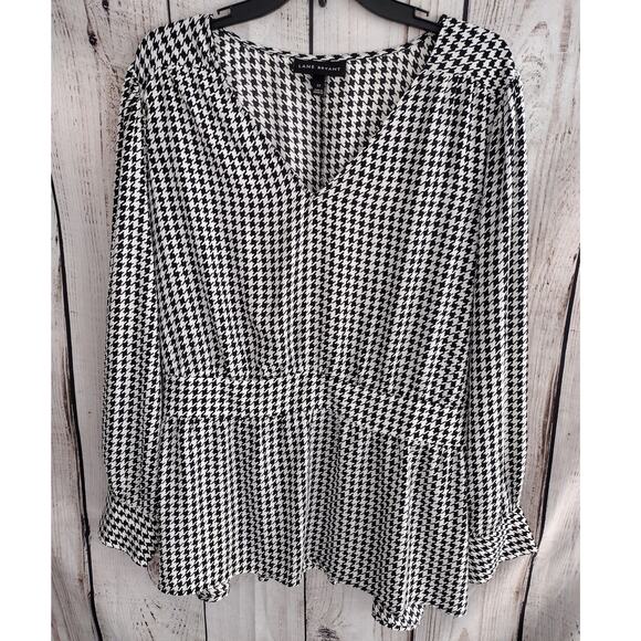 Lane Bryant Black & White Houndstooth VNeck Long Sleeve Peplum Blouse 22 3X Plus - Picture 4 of 13